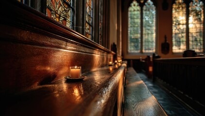 Warm candlelight illuminates pews in a church