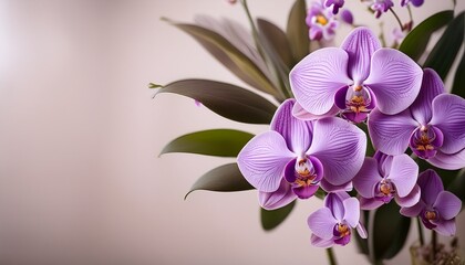 Naklejka premium against a soft neutral background delicate purple orchids bloom in a beautiful display of floral art characterized by gentle hues elegant blossoms and leaves and a serene natural aesthetic