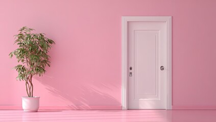 A minimalist pink room features a white door, a potted plant, and soft sunlight casting shadows on the wall and floor