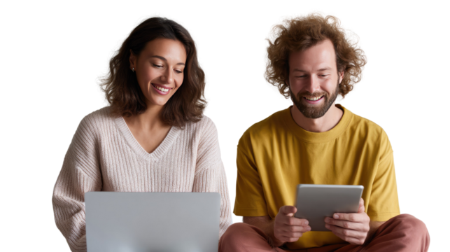 Digital Duo: A modern couple, absorbed in their digital devices, embodies the connected world, exuding happiness and sharing moments together.