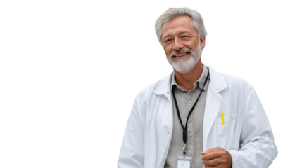 The Doctor's Calm and Confident Demeanor: A smiling, senior medical doctor embodies trust and expertise, his reassuring presence and friendly expression fostering confidence. 