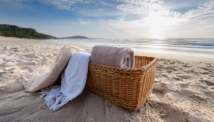 cotton towels placed on the sand with woven baskets adding a laid back beach atmosphere