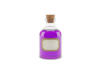 Potion Bottle with Purple Liquid and Blank Label on White Background
