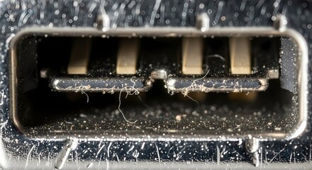 Close-up macro shot of a dusty USB-A port, revealing its internal contacts and metallic casing.