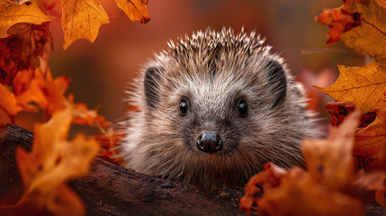 Autumn animal wildlife background - A cute hedgehog autumnal leaves landscape backdrop