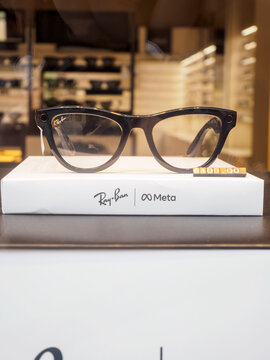 Ray Ban Stories smart glasses co branded with Meta displayed on a white box with a 409 euro price tag in a shop window