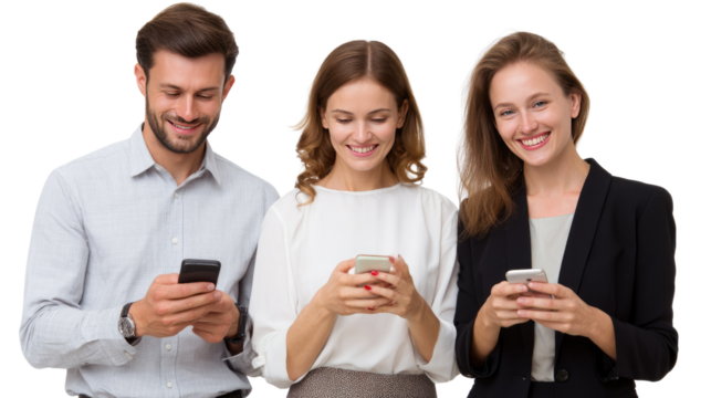Modern Communication: A group of diverse individuals connect via their phones, smiling warmly, reflecting the ease and joy of staying connected.