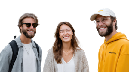 Smiling Group: A group of three diverse and cheerful individuals, bathed in natural light. They are shown here smiling with a vibrant expressions, and full of contentment.