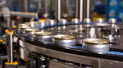 A conveyor belt is filled with cans of soda