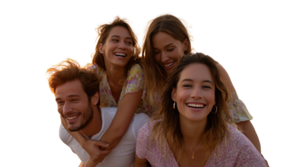 Golden Hour Glee: Four individuals share a moment of pure, unadulterated joy, bathed in the warm light of a beautiful day, their genuine smiles reflecting the bond they share.