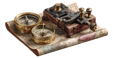 Vintage Compass and Telegraph on Ancient Map Illustration