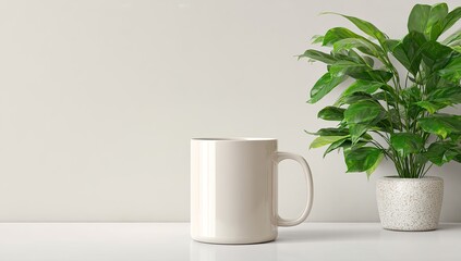 A simple, off-white mug sits on a white surface next to a potted green plant against a light grey wall