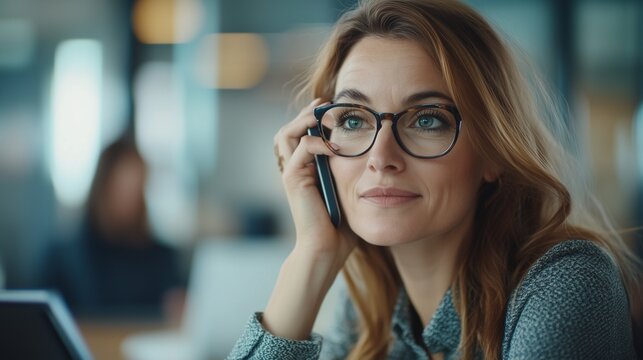 Woman talking on the phone. Woman talking to man on phone in a realistic video. A colleague collaborating in a field of depth at work. A woman conversing lifestyle on the phone.