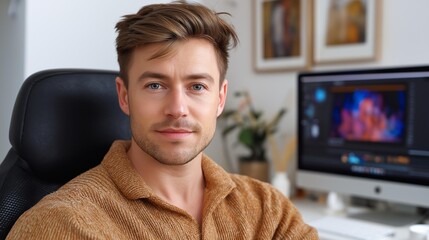 A young man in a cozy sweater sits confidently at his home office desk, working on creative digital projects.