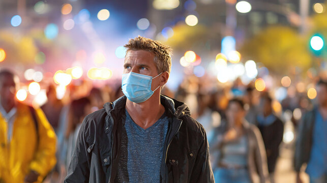 Person wearing a mask in a crowded street during evening hours contributing to public health safety.