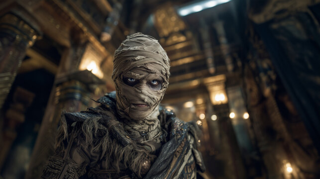 Ancient mummy wrapped in tattered bandages walking through haunted pyramid interior. halloween mummy, bandages, pyramid, haunted, spooky, horror, scary, undead, creepy, october, da - Powered by Adobe