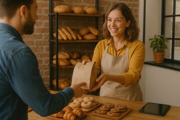  A smiling bakery owner hands a paper bag of baked goods to a customer in a cozy shop