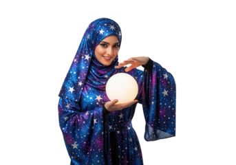 Mystical Fortune Teller: Woman in Starry Robe with Glowing Orb on White