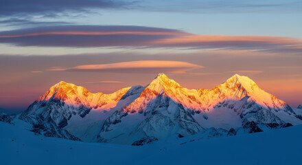 Majestic snow-capped mountains illuminated by golden sunlight during sunset, showcasing dramatic peaks and serene landscape, creating a breathtaking natural scene