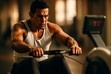 Man rowing in gym machine