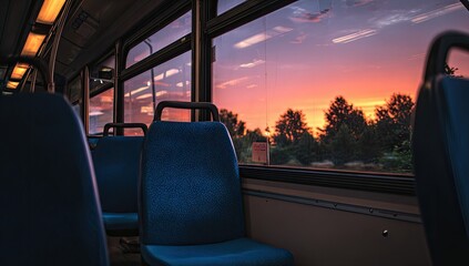 Fototapeta premium Interior bus view of a sunset
