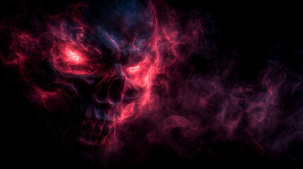 Skull with glowing red eyes in thick smoke. halloween skull, glowing eyes, smoke, spooky, eerie, horror, october, festive, creepy, scary, haunted, gothic, skull flames