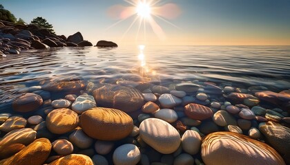 this image captures smooth sunlit stones beneath clear water creating calming ripples and patterns it embodies tranquility and the beauty of nature s simplicity
