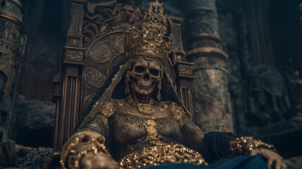 Fototapeta premium Mummy queen on throne with golden jewelry in haunted temple. halloween mummy, queen, throne, spooky, eerie, temple, gothic, october, festive, undead, creepy, ancient, skulls, scary