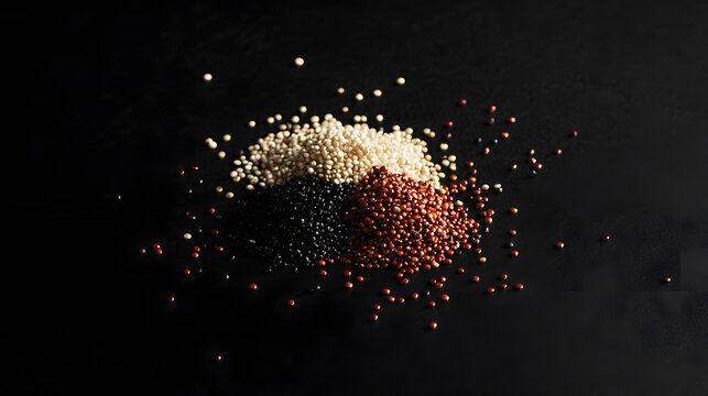 Tri-colored quinoa grains (white, red, and black) aranged in a small heap on adark matte background, empasizing their natural tone.