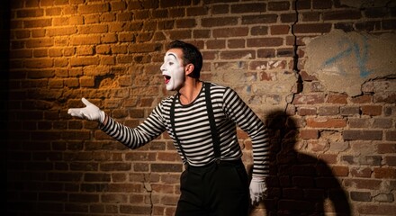 A man in a striped shirt and suspenders, with a white mask, standing in front of a brick wall with a yellow light shining through.