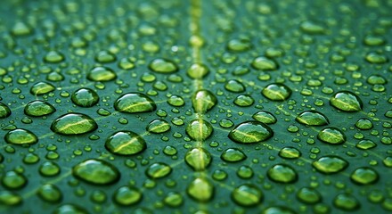Close-Up Of A Vibrant Green Leaf Covered In Fresh Water Droplets, Showcasing Nature's Beauty And Intricate Details After A Rain Or Morning Dew.
