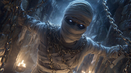 Mummy wrapped in glowing chains breaking free in dungeon. halloween mummy, chains, dungeon, glowing, spooky, eerie, skull, october, festive, scary, horror, creepy, undead, haunted