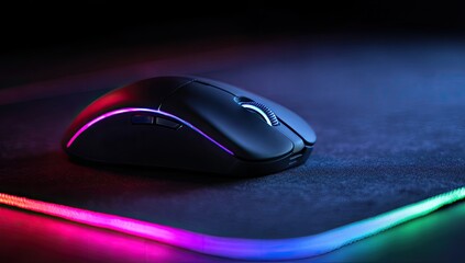 Sleek black gaming mouse rests on a dark, textured mousepad with vibrant RGB lighting along its edges, set against a deep black background