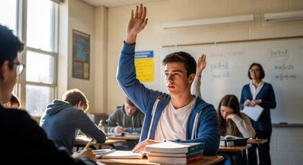 A student raises their hand in a classroom setting.