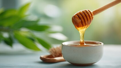 Golden honey drips from a wooden honey dipper into a small, light-grey bowl; blurred green foliage and wooden utensils in the background