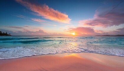 breathtaking tropical sunrise scene over a pinksanded beach ideal for travel and lifestyle projects invoking tranquility and relaxation