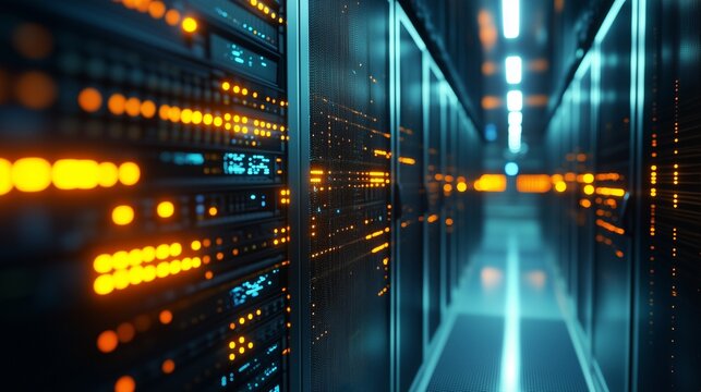 Data center with a blurred image of the data. Video of financial information server with realistic visualization. International commerce and financial management room with interfaces. Lifestyle.