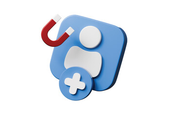 3d user acquisition icon. customer attraction and social media follower growth concept. Minimal cartoon profile with plus sign and magnet isolated on white background. 3d render.