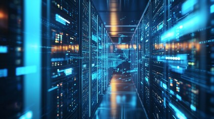 Data center with a blurred image of the data. Video of financial information server with realistic visualization. International commerce and financial management lifestyle room with interfaces.