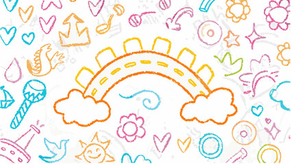 Hand drawn crayon style rainbow with clouds and various doodles on a white textured background art piece