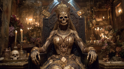 Fototapeta premium Mummy queen on throne with golden jewelry in haunted temple.halloween mummy, queen, throne, spooky, eerie, temple, gothic, october, festive, undead, creepy, ancient, skulls, scary