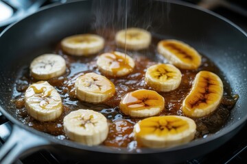 Sliced bananas caramelizing in a hot frying pan with syrup