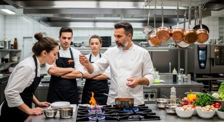 A chef in a professional kitchen, teaching a group of students how to cook.