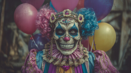 Skeleton clown with colorful wig holding balloons in spooky carnival. keywords: halloween skeleton, clown, spooky, eerie, creepy, carnival, october, festive, skull, scary, horror,