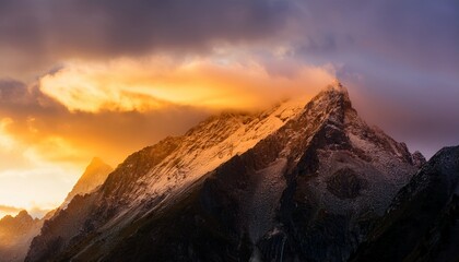 Fototapeta premium golden dawn over the mountainsmimage of clouds falling over a steep mountain peak as golden sunlight streams down the sky