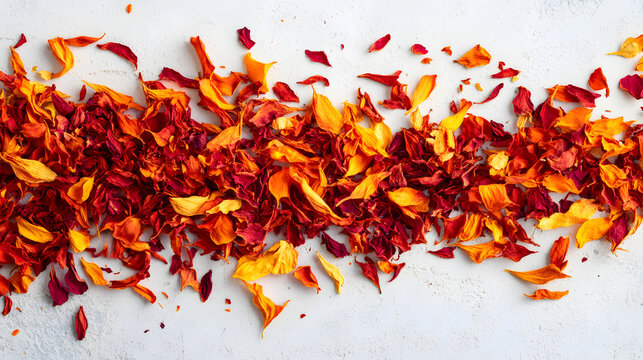 Vibrant dried safflower peals in orange-red tones, sread across a white surfac, creating a natural and clorful display.