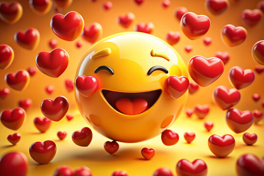 Photo of happy emoji surrounded by red hearts, celebrating love and affection