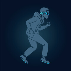 Man in Hoodie Running with Futuristic Glasses Vector Illustration