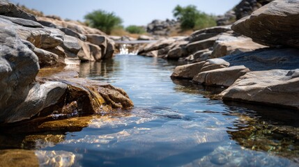 Clear, shallow water cascades over rough, grey rocks in a sunlit natural stream.