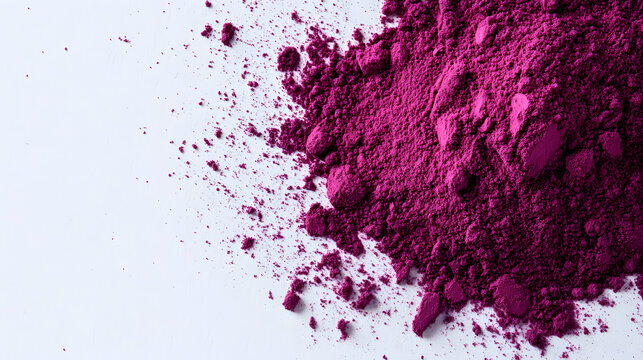 Vibrant purple sumac powde spread out on a white surace, showcasing its fine txture and color, perfect fr a food styling shot.